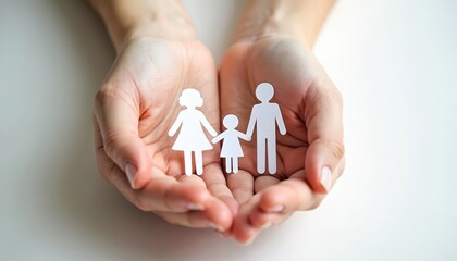 Person holding paper family cutout in hands, concept of family care, support, protection. Symbol of unity, well-being, love, welfare. Family values, happy parenthood, childhood. Social issues,