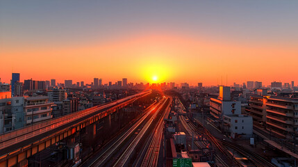 Panoramic City Sunset View From High Angle