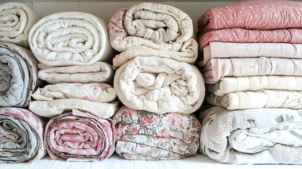 Fototapeta premium Stacked Rolls Of Fabric In Various Pastel Colors