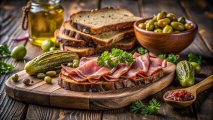 Golden crispy bacon with pickles and dark rye bread, rustic savory platter