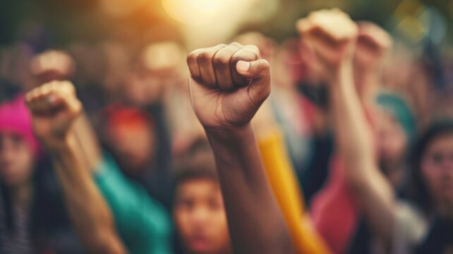 Picture of people raise hand in revolution to change society and get equality. Conflict of woke activist protest for justice in political policy. Teamwork of protester fight against injustice . AIG53.
