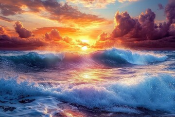 Naklejka premium Vibrant ocean sunset with breaking waves in shallow waters during twilight, ocean sunset shallow waters with breaking waves