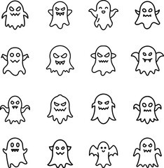 Cute Halloween Ghost Icons Set. Spooky Line Art for Stickers & Crafts
