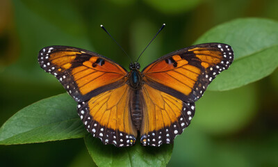 Fototapeta premium A single butterfly perched on the tip of a lush green leaf