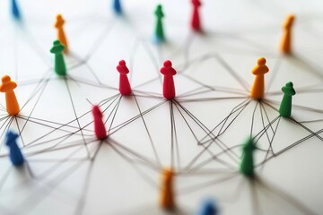 Network of connections among colorful figures on a white background showcasing interaction and engagement, network of connections over moving shapes