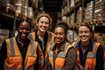 Fototapeta premium Smiling portrait of a diverse group of female warehouse workers and managers working in a warehouse