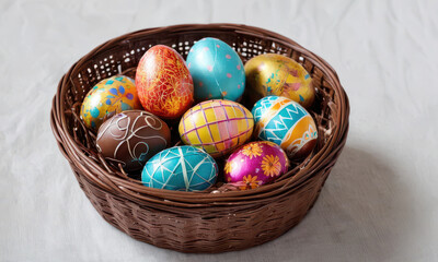 A basket overflowing with vibrant Easter eggs