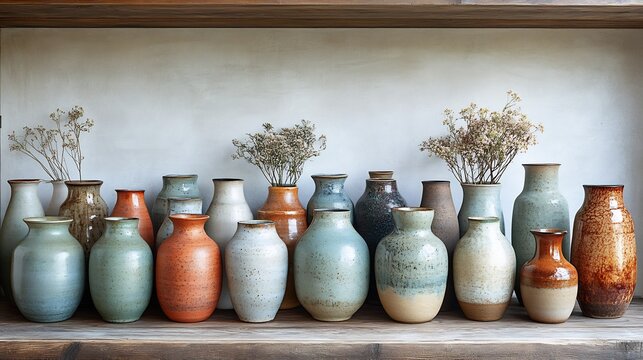 Artistic arrangement of stoneware pottery photographed in a modern minimalist studio with softbox lighting creating a gentle contrast between the matte finish of the pottery and the clean background