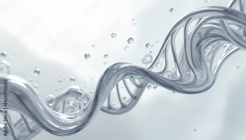 Poster 3d illustration of dna helix structure against soft white background with water drops. deoxyribonucl