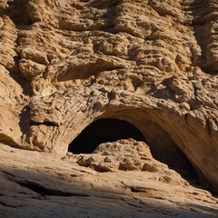 A close-up of textured beige rock formations forming a natural arch in midday sunlight.