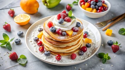 Fluffy stack of pancakes with whipped cream and fresh fruit, decadent breakfast treat