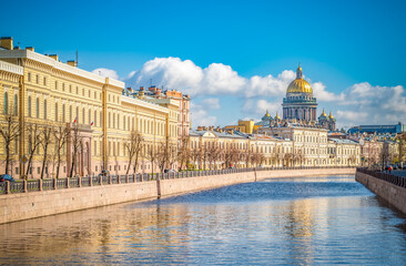 Saint Isaac Cathedral across Moyka river, Saint Petersburg, Russia.