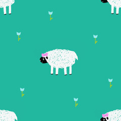 seamless pattern with cute sheep in naive kids style and little flowers. Kids fabric texture, print for nursery, baby clothing.