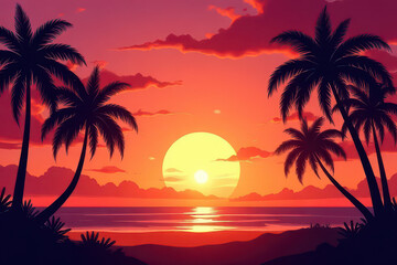 Tropical Evening Magic: Captivating Sunset Hues & Silhouetted Palm Trees