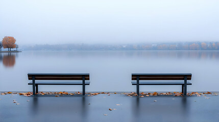 Misty Autumn Lake Scene With Empty Benches