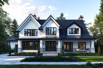 Modern farmhouse front view of a white house with a black roof, large windows, and a porch.