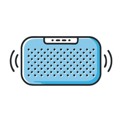 Blue portable speaker icon with sound waves illustration