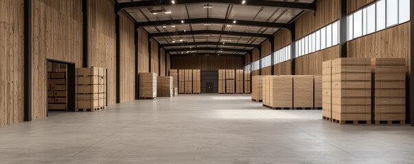 A spacious warehouse interior featuring wooden walls and stacked storage crates, emphasizing industrial design and functionality.