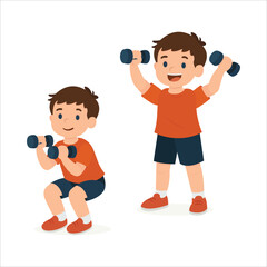 Happy cartoon boy doing squats and lifting dumbbells isolated on white background. Body parts are movable. It's easy to change poses and animate the character.  Part of set.