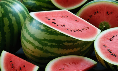 Freshly cut watermelon halves on a table or surface