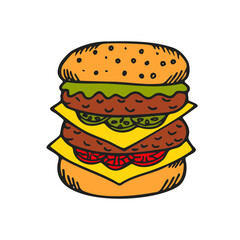 Hand Drawn Hamburger Isolated on White Background. Doodle Bright Colorful Burger. Hamburger Day Sketch Element. Vector Illustration 
