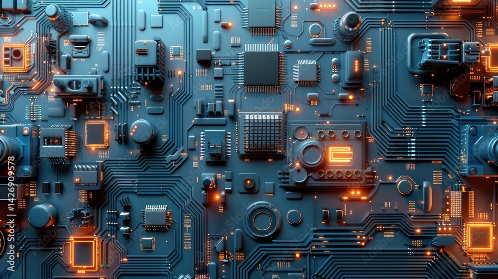 Fototapete a captivating abstract design featuring a blue and orange circuit board with intricate details. perf