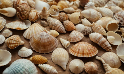 A colorful arrangement of various seashells on a tabletop