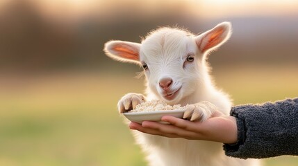 Fototapeta premium Baby goat eats from plate in hand animal portrait soft focus