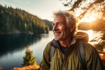 Fototapeta premium Portrait of a senior hiker in forest set against a backdrop of breathtaking lake during a golden afternoon