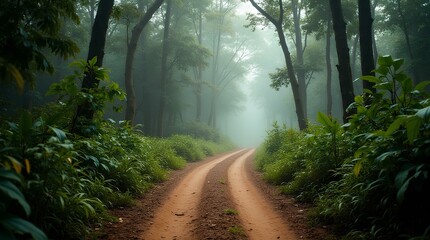 Bhadra Tiger Reserve's dirt path, jungle safari, double exposure image. Forest footpath or pathway in wildlife nature. India tropical road way