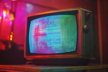 Old television displaying colorful static in a dimly lit room with vibrant colors, 4K Video Old television with no signal and static effect on the screen