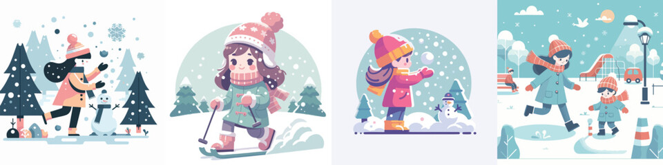 vector character of a girl playing in the snow