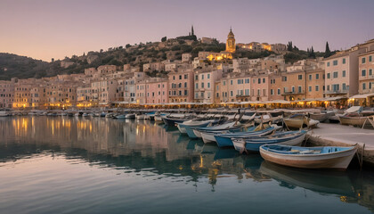 Obraz premium Charming Twilight View of Coastal Town With Boats in the Harbor