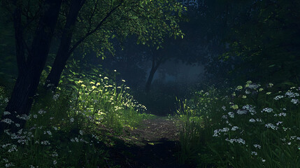 Glowing Path Through Mystical Evening Forest
