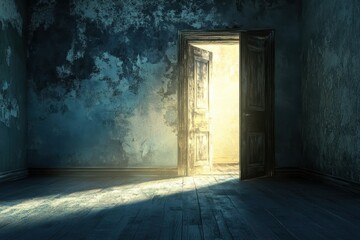 Obraz premium Light emerges from a door in a dark, abandoned room, 3D - Leaving the darkness through a door that opens into the light