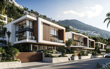Fototapeta premium Modern house with white walls and wooden cladding, contemporary architecture, front view, 3D rendering.