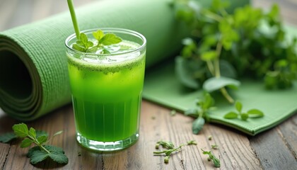 Healthy green chlorophyll drink in glass, herbs, rolled yoga mat on wooden table. Fresh detox smoothie, healthy lifestyle concept. Nourishment, well-being, fitness, mindfulness, relaxation, energy,