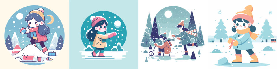 vector character of a girl playing in the snow