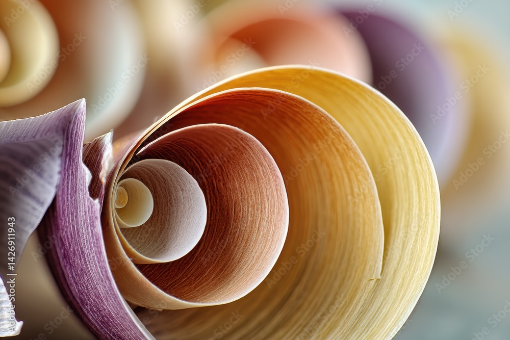 Poster macro view of a seashell spiral structure showcasing soft pastel shades in natural light