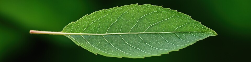 Detailed close-up of a green leaf with intricate vein pattern on green background