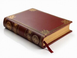 Obraz premium Classic leather-bound book with gold embossing perfectly isolated on white background showcasing elegant traditional bookbinding craftsmanship