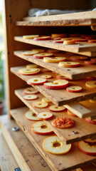Wooden drying racks filled with freshly sliced apples, a permaculture practice for preserving fruits.
