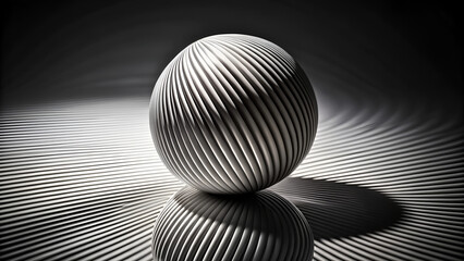Monochrome, metallic sphere, ribbed surface, reflective, geometric patterns, shadow play, high contrast, minimalist composition, optical illusion, precise lines, abstract photography, 