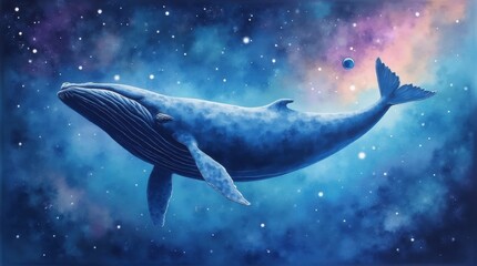 Fototapeta premium Ethereal watercolor whale swimming through a cosmic ocean with stars, planets, and nebulae in deep blues and purples creating a dreamy celestial seascape