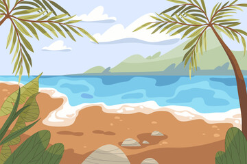 Beach background with tropical seaside and coast. Vector nature landscape of ocean or sea horizon and palm trees, water. Summer vacation, exotic travel, tropical tourism cartoon backdrop. Lagoon bay.