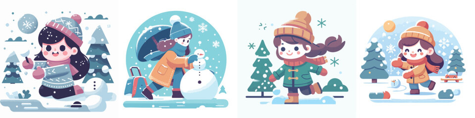 vector character of a girl playing in the snow