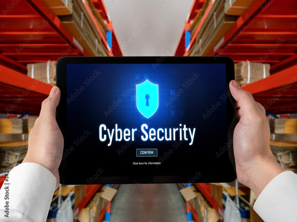 Poster cyber security system on computer screen protect private information snugly from hacker and cyber at