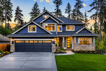 Obraz premium Modern luxury home exterior with a blue and gray color scheme, large garage door windows, stone accents on the front of the house, a driveway leading to an elegant entrance.