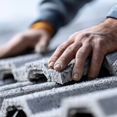 Close-up of a worker's hands carefully fitting a new tile onto a roof - expertise upgrading equipment hard
