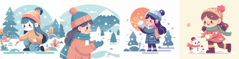 vector character of a girl playing in the snow